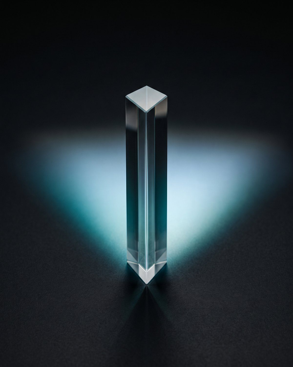 A glass prism casting teal light on a dark surface